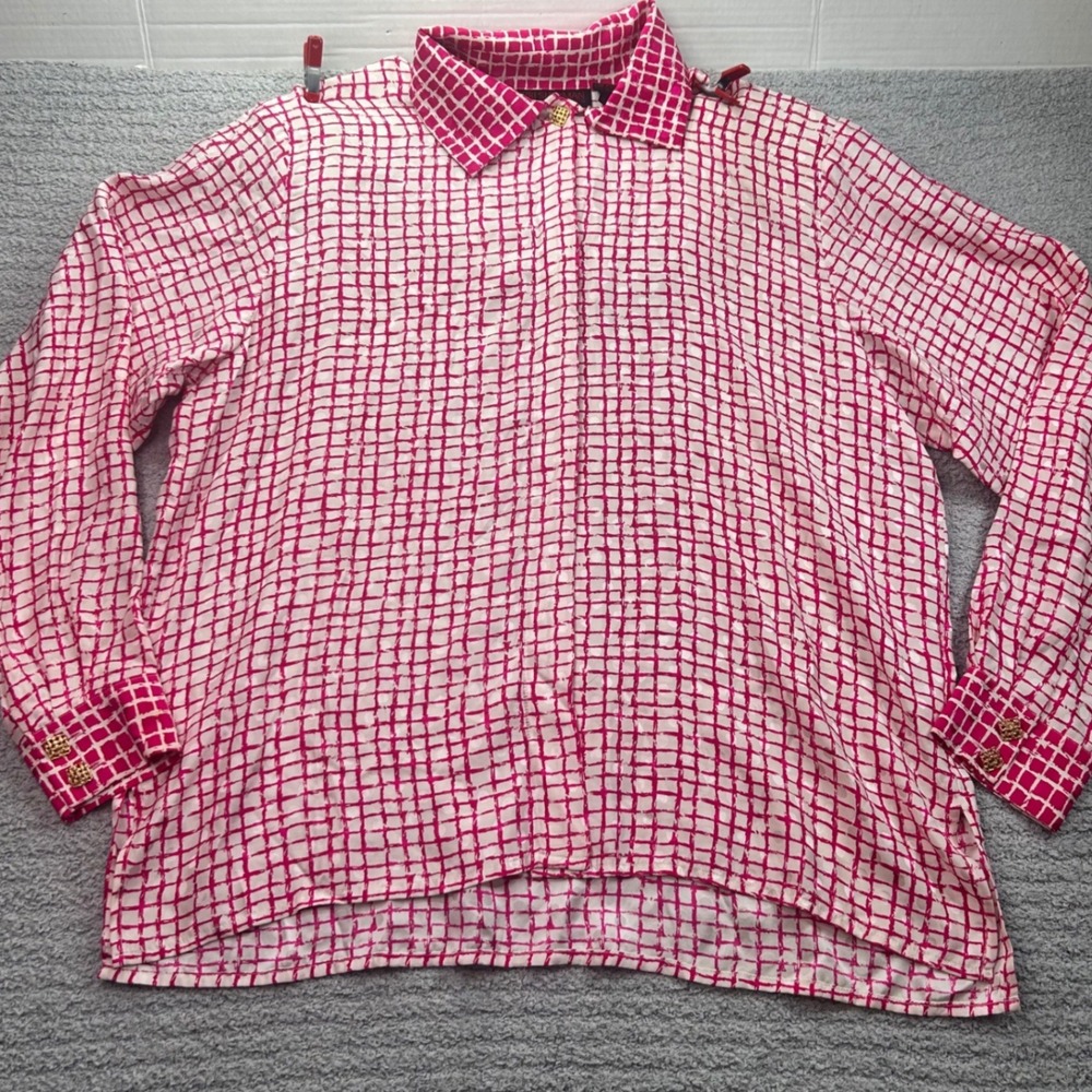 Vintage 90s Jerri Sherman Collection 100 Silk Geometric Grid Blouse Sz 14 retro